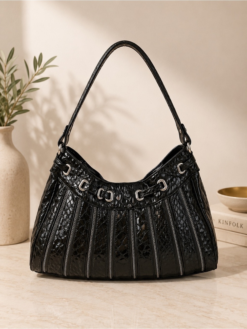 Vintage Y2K Jessica Simpson Black Croc Embossed Hobo Shoulder Bag